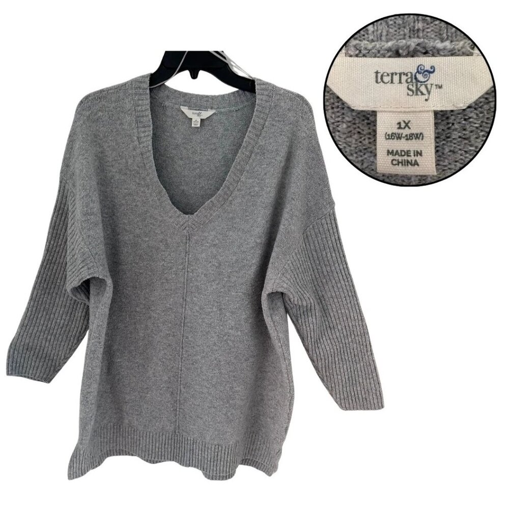 Terra & Sky Women’s 1X Gray Knit Sweater Blouse Casual Long Sleeve Top